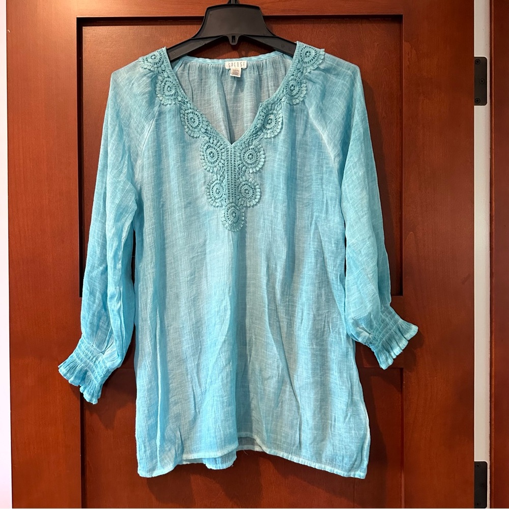 Spense Boho Blouse Top Shirt Crochet V Neckline Lightweight Aqua Turquoise